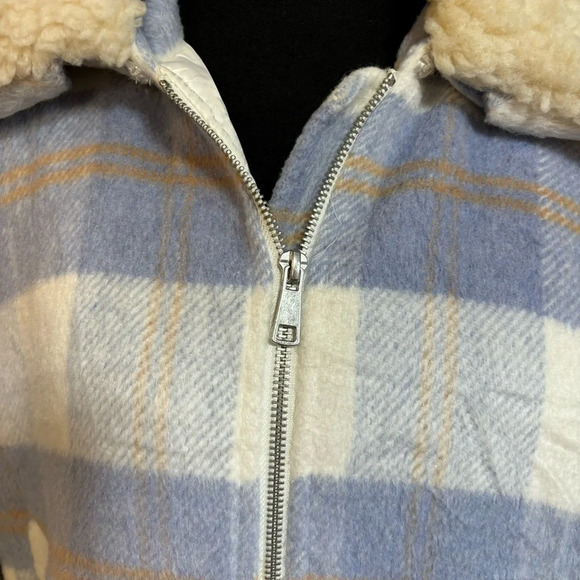 Bomber Jacket Women’s Medium Blue Beige Plaid - Picture 3 of 9